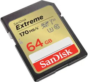 SANDISK Extreme 64GB microSDXC + 1 metų RescuePRO Deluxe iki 170MB/s ir 80MB/s skaitymo/rašymo greitis, UHS-I, 10 klasė, U3, V30