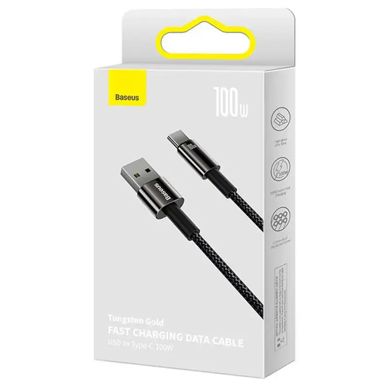 USB ir USB-C "Baseus Tungsten Gold" kabelis, 100 W, 1 m (juodas)