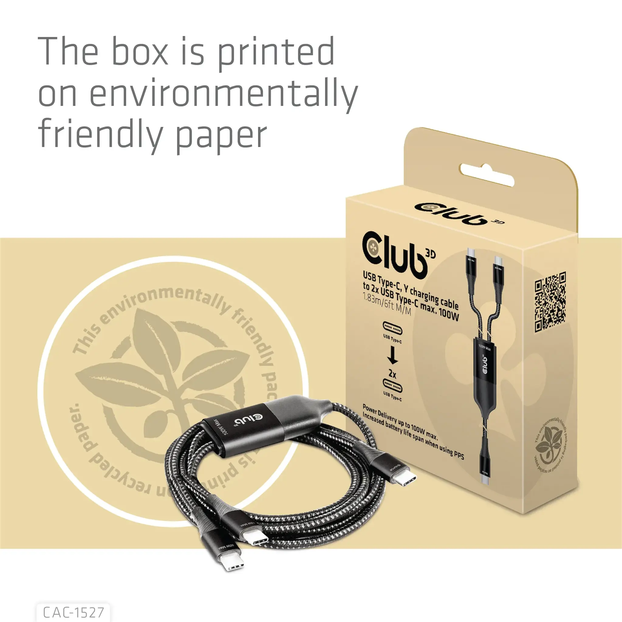 CLUB3D USB Type-C, Y charging cable to 2x USB Type-C max. 100W, 1.83m/6ft M/M, 1.83 m, USB C, USB C, Black