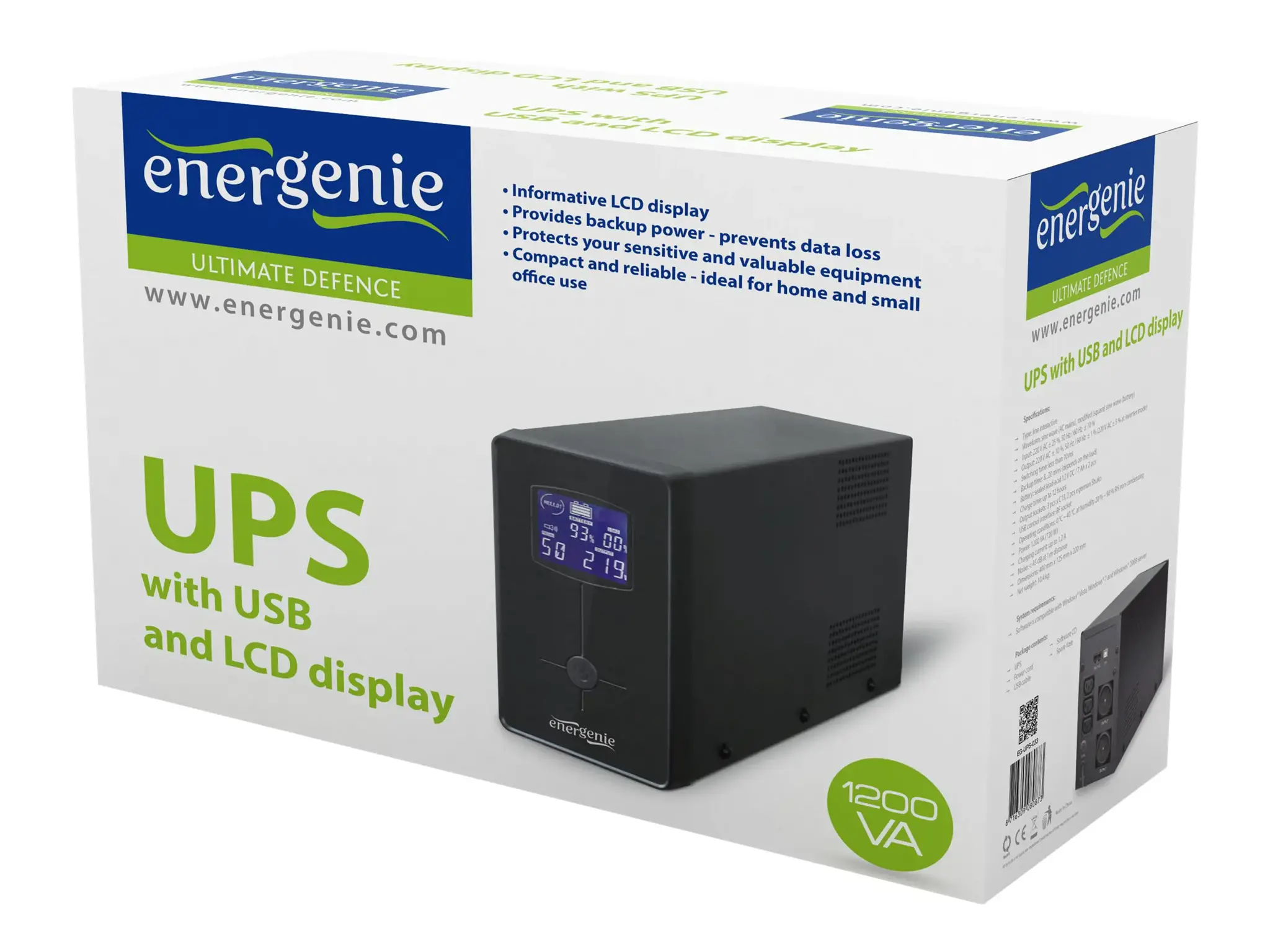 GEMBIRD EG-UPS-033 UPS Energenie-Gembird Line-Interactive,1200VA,3xIEC,2xSchuko 230V,USB,RJ11,LCD