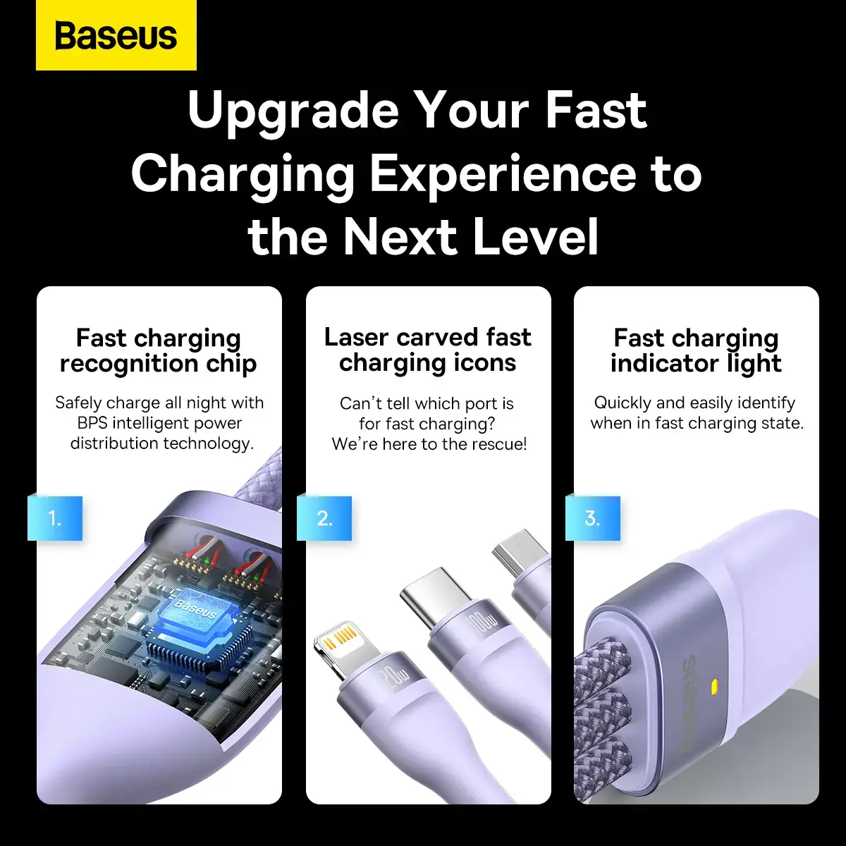 Baseus Flash Series II USB Type C | USB Type A cable - USB Type C | Lightning | micro USB 100 W 1.5 m purple (CASS030205)