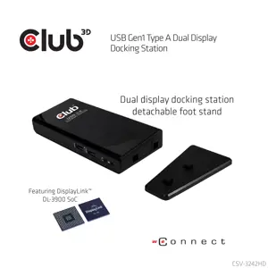 CLUB3D USB Gen1 Type A Dual Display ( HDMI and DVI) DisplayLink™ Docking Station, Wired, USB 3.2 Gen 1 (3.1 Gen 1) Type-A, 1.4a, 3.5 mm, USB Type-B, 10,100,1000 Mbit/s
