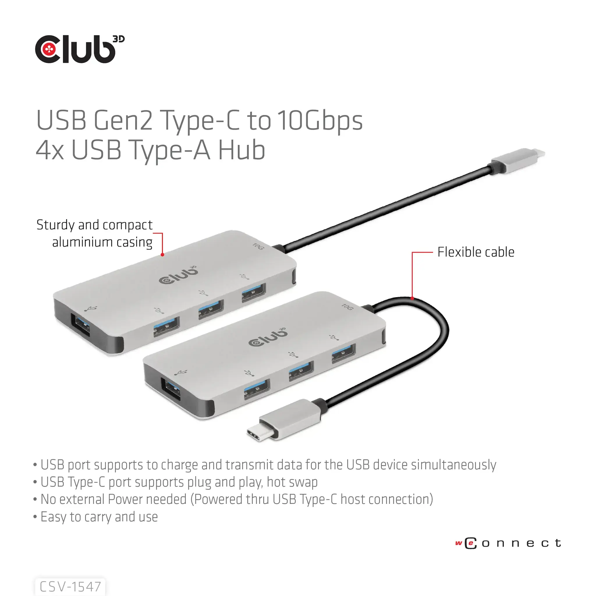CLUB3D USB Gen2 Type-C to 10Gbps 4x USB Type-A Hub, USB 3.2 Gen 2 (3.1 Gen 2) Type-C, USB 3.2 Gen 2 (3.1 Gen 2) Type-A, 10000 Mbit/s, Black, Silver, Round cable, 0.262 m