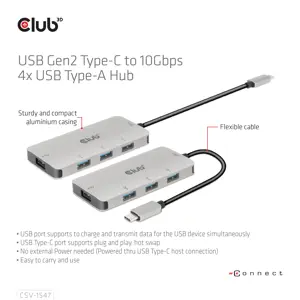 CLUB3D USB Gen2 Type-C to 10Gbps 4x USB Type-A Hub, USB 3.2 Gen 2 (3.1 Gen 2) Type-C, USB 3.2 Gen 2 (3.1 Gen 2) Type-A, 10000 Mbit/s, Black, Silver, Round cable, 0.262 m