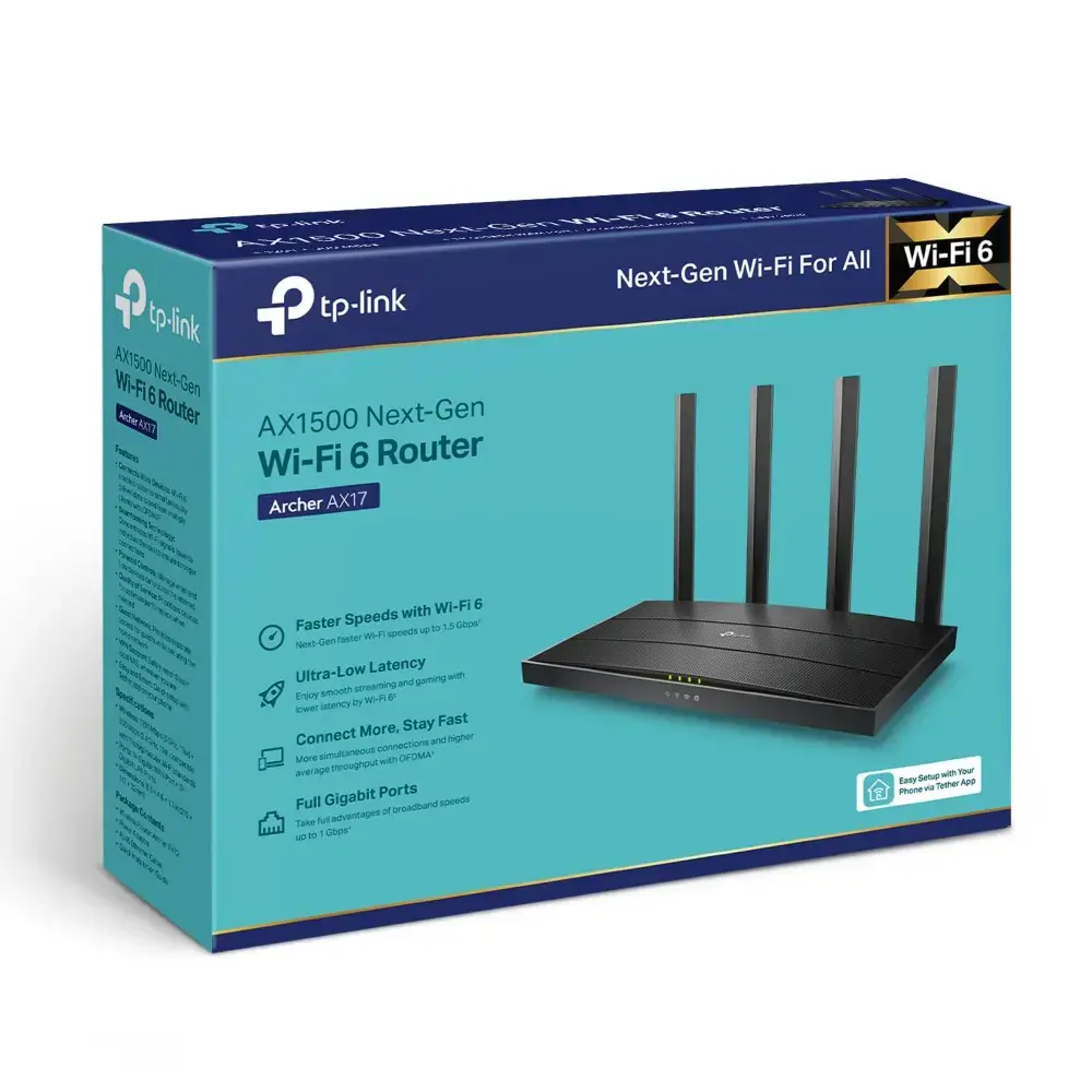 Belaidis maršrutizatorius TP-LINK belaidis maršrutizatorius 1500 Mbps Wi-Fi 6 1 WAN 3x10/100/1000M Antenų skaičius 4 ARCHERAX17