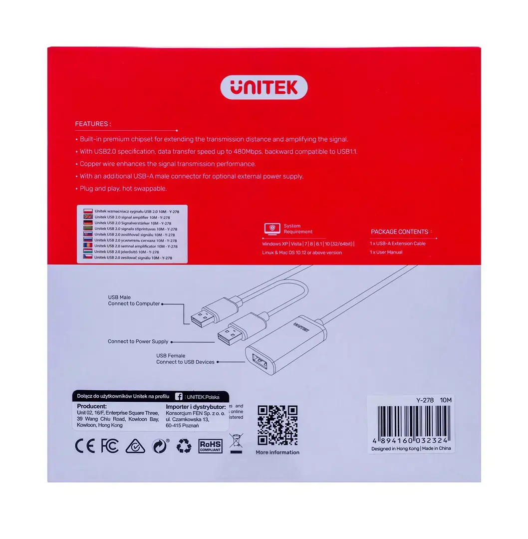 UNITEK Y-278 "Unitek" USB 2.0 aktyvusis ilgintuvas, 10 m, Y-278