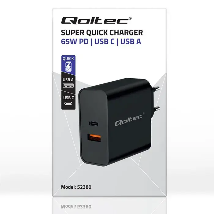 "Super Quick PD" įkroviklis | 1xUSB-C | 1xUSB | 65W | 5-20V | 1,5-3,25A | Juoda
