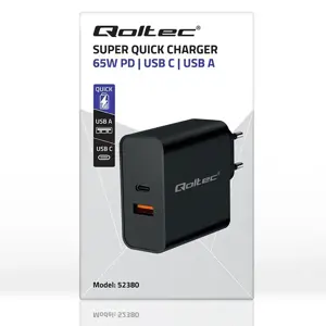 "Super Quick PD" įkroviklis | 1xUSB-C | 1xUSB | 65W | 5-20V | 1,5-3,25A | Juoda