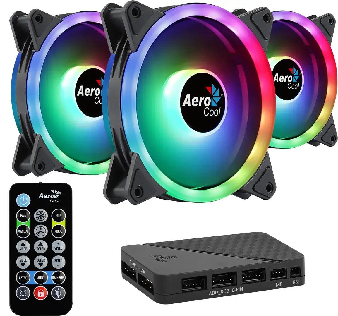 "Aerocool DUO12PRO" komplektas 3xFan 12cm ARGB LED Dual Ring Antivibration 6 kontaktų juodas