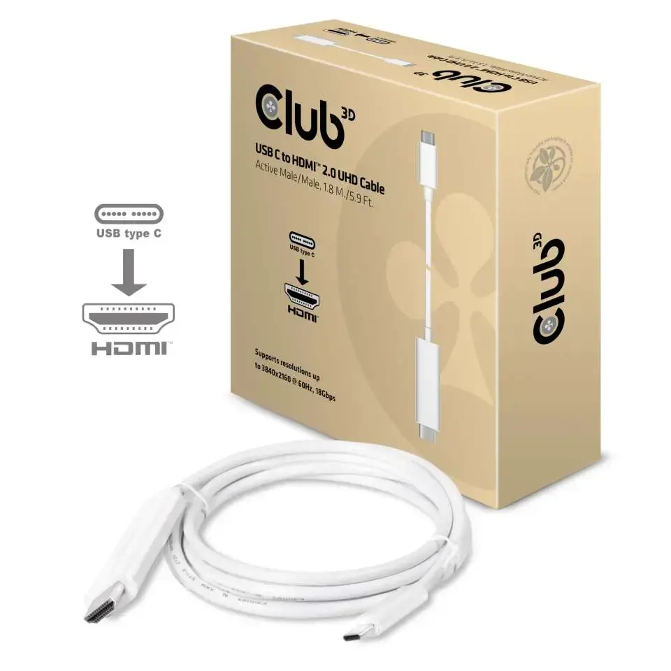 CLUB3D USB C to HDMI™ 2.0 UHD Cable Active 1.8 M./5.9 Ft., USB C, HDMI 2.0, 1.8 m, White