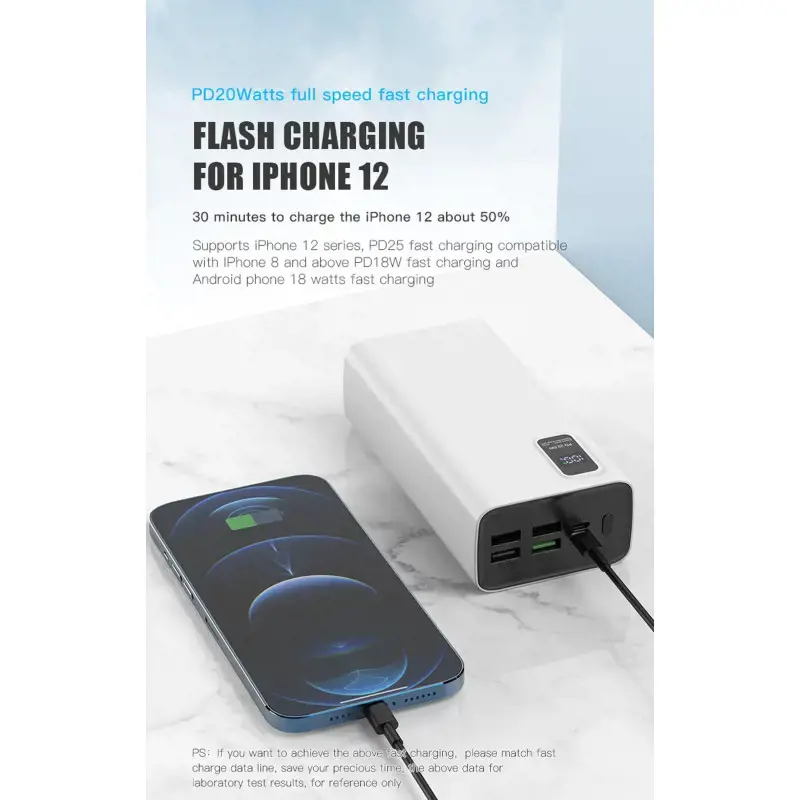 Platinet power bank 30000mAh PD QC LED, baltos spalvos