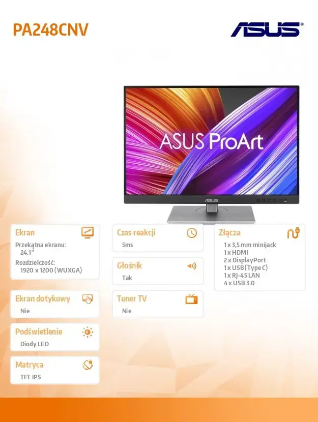 Monitorius ASUS ProArt PA248CNV 24.1inch 16:10 IPS 1920x1200 Pivot Calman HDR 10DP HDMI 90W USBC USBHub RJ45