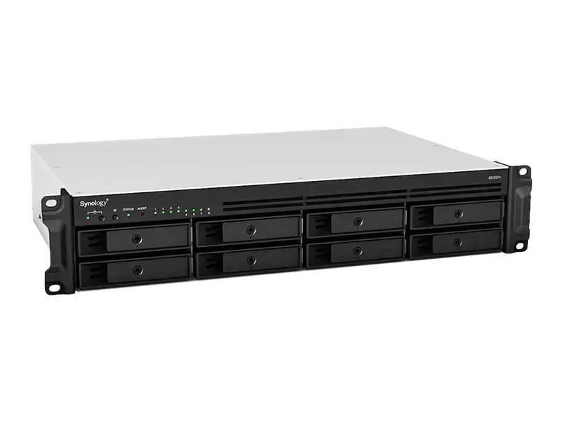 SYNOLOGY RS1221RP+ 8 lizdų NAS įrenginys-laikiklis AMD Ryzen V1500B keturių branduolių 2,2 GHz 4 GB DDR4 iki 32 GB RJ-45 4x1GbE 2xUSB 3.2 1xeSATA