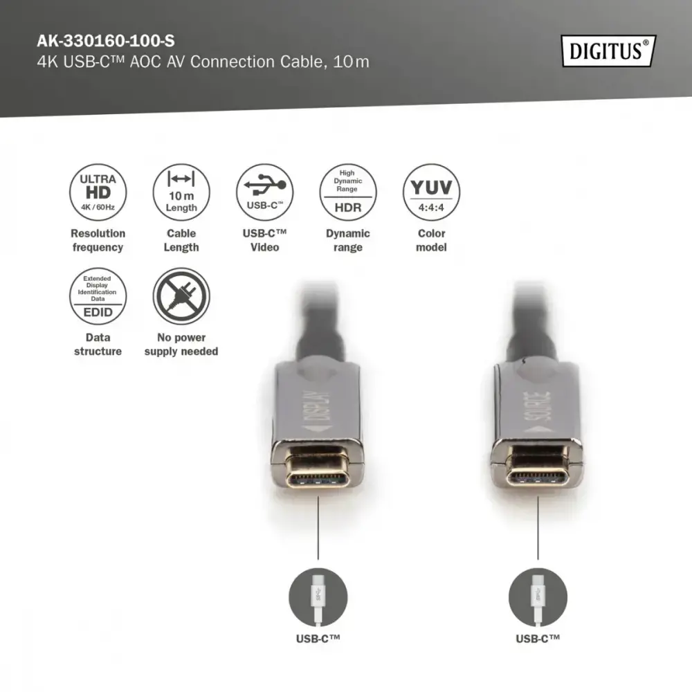 DIGITUS USB Type-C - USB Type-C AOC hibridinis FO kabelis 4K 60Hz USB 3.1 SPEC 10 m