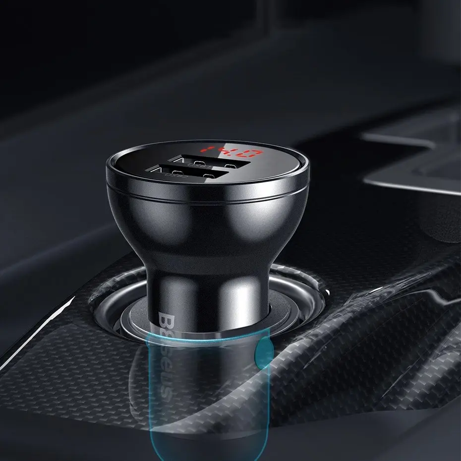 Baseus Digital Display Dual USB 4.8A Car Charger 24W Grey