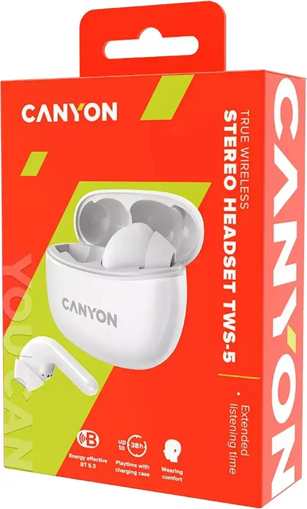"Canyon" TWS-5 "Bluetooth" ausinės su mikrofonu, BT V5.3 JL 6983D4, dažnių diapazonas: 20Hz-20kHz, baterija "EarBud" 40mAh*2+įkrovimo dėklas 500mAh, C tipo laido ilgis 0,24 m, dydis: 58,5*52,91*25,5 mm, 0,036 kg, baltos spalvos