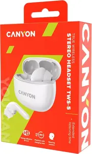 "Canyon" TWS-5 "Bluetooth" ausinės su mikrofonu, BT V5.3 JL 6983D4, dažnių diapazonas: 20Hz-20kHz, baterija "EarBud" 40mAh*2+įkrovimo dėklas 500mAh, C tipo laido ilgis 0,24 m, dydis: 58,5*52,91*25,5 mm, 0,036 kg, baltos spalvos