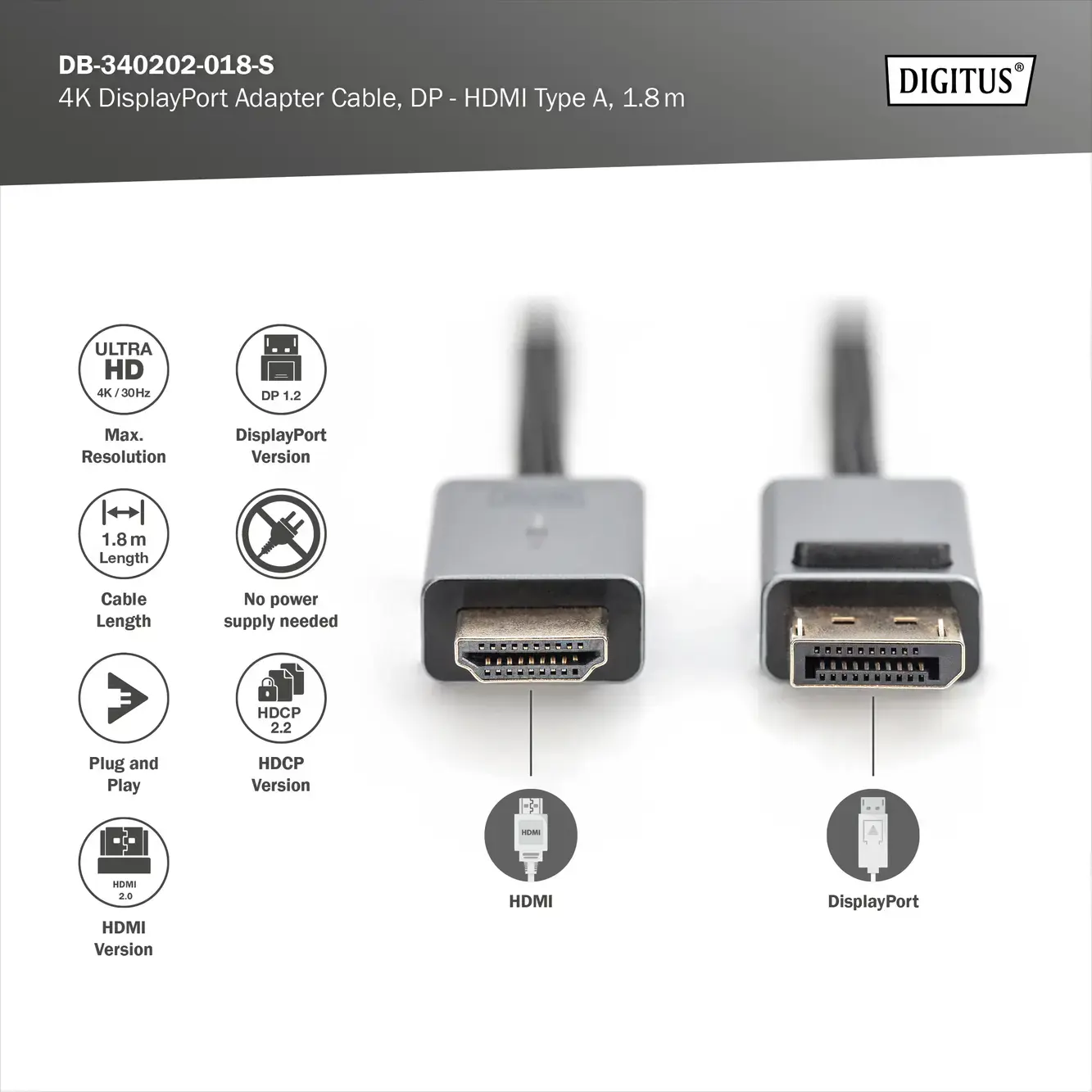 DP-HDMI adapterio kabelis DB-340202-018-S