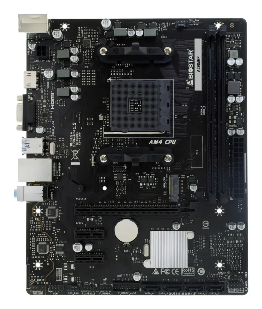 Mainboard BIOSTAR AMD A520 SAM4 Micro-ATX Memory DDR4 Memory slots 2 2xPCI-Express 3.0 1x 1xPCI-Express 3.0 16x 1xM.2 1x15pin D-sub 1xHDMI 4xUSB 2.0 2xUSB 3.2 1xPS/2 1xRJ45 3xAudio port A520MHP