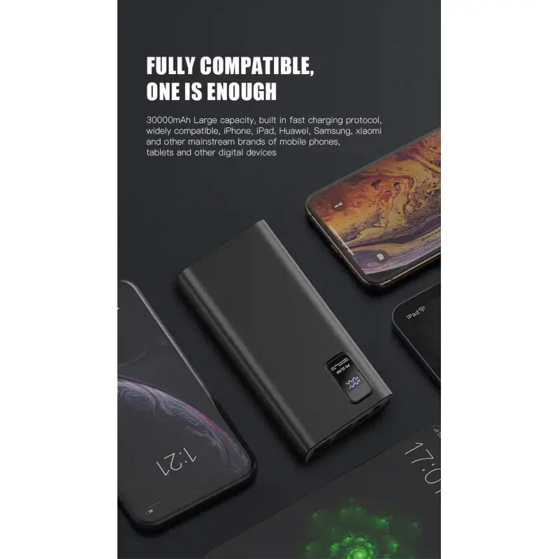 Platinet power bank 30000mAh PD QC LED, baltos spalvos