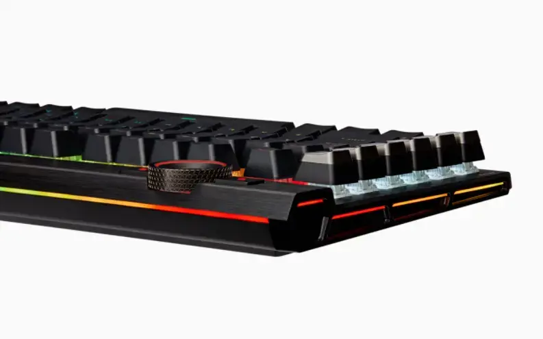 CORSAIR K100 RGB optinė mechaninė žaidimų klaviatūra su RGB LED apšvietimu CORSAIR OPX RAPIDFIRE juoda PBT klaviatūra