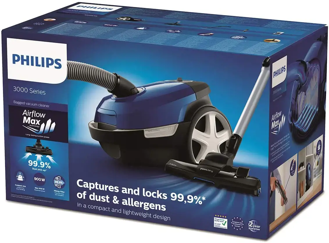 "Philips" 3000 serijos 99,9 % dulkių surinkimas * 900W Dulkių siurblys su maišeliu, 900 W, cilindrinis dulkių siurblys, sausas, dulkių maišelis, 3 l, antialerginis filtras