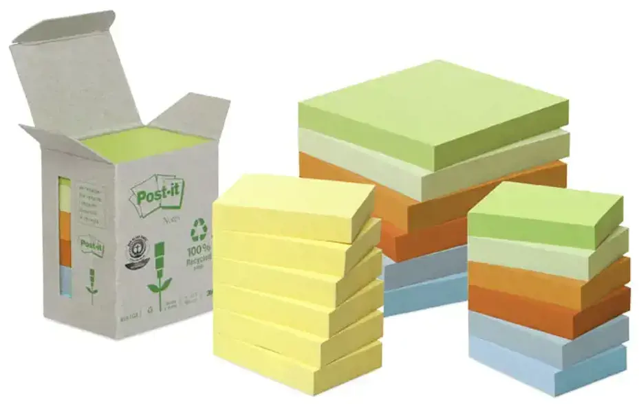 Lipnūs lapeliai POST-IT RECYCLED, ekologiški, 38 x 51 mm, geltona sp., 6 vnt./pak.