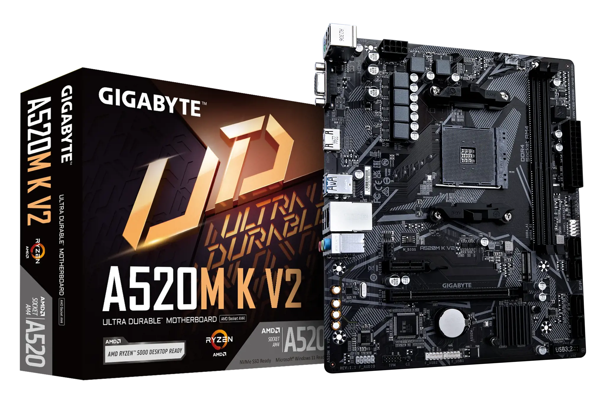 Gigabyte A520M K V2, AMD, "Socket AM4", "AMD Ryzen™ 3", "AMD Ryzen™ 5", "AMD Ryzen™ 7", 3 kartos "AMD Ryzen™ 9", "AMD Ryzen 9 5th Gen", "Socket AM4", DDR4-SDRAM, 64 GB