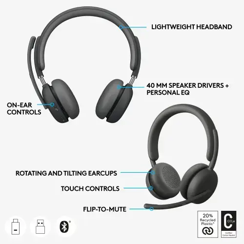 Logitech Zone Wireless 2 UC Belaidės ausinės, USB-C, USB-C Bluetooth receiver, Graphite