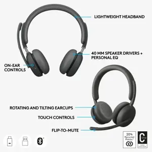 Logitech Zone Wireless 2 UC Belaidės ausinės, USB-C, USB-C Bluetooth receiver, Graphite