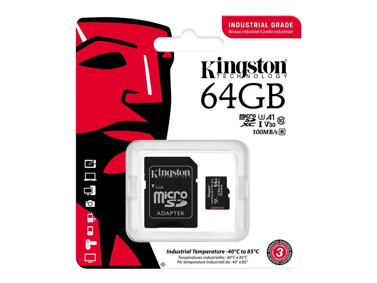 Kingston Technology Industrial, 64 GB, MicroSDXC, Class 10, UHS-I, Class 3 (U3), V30