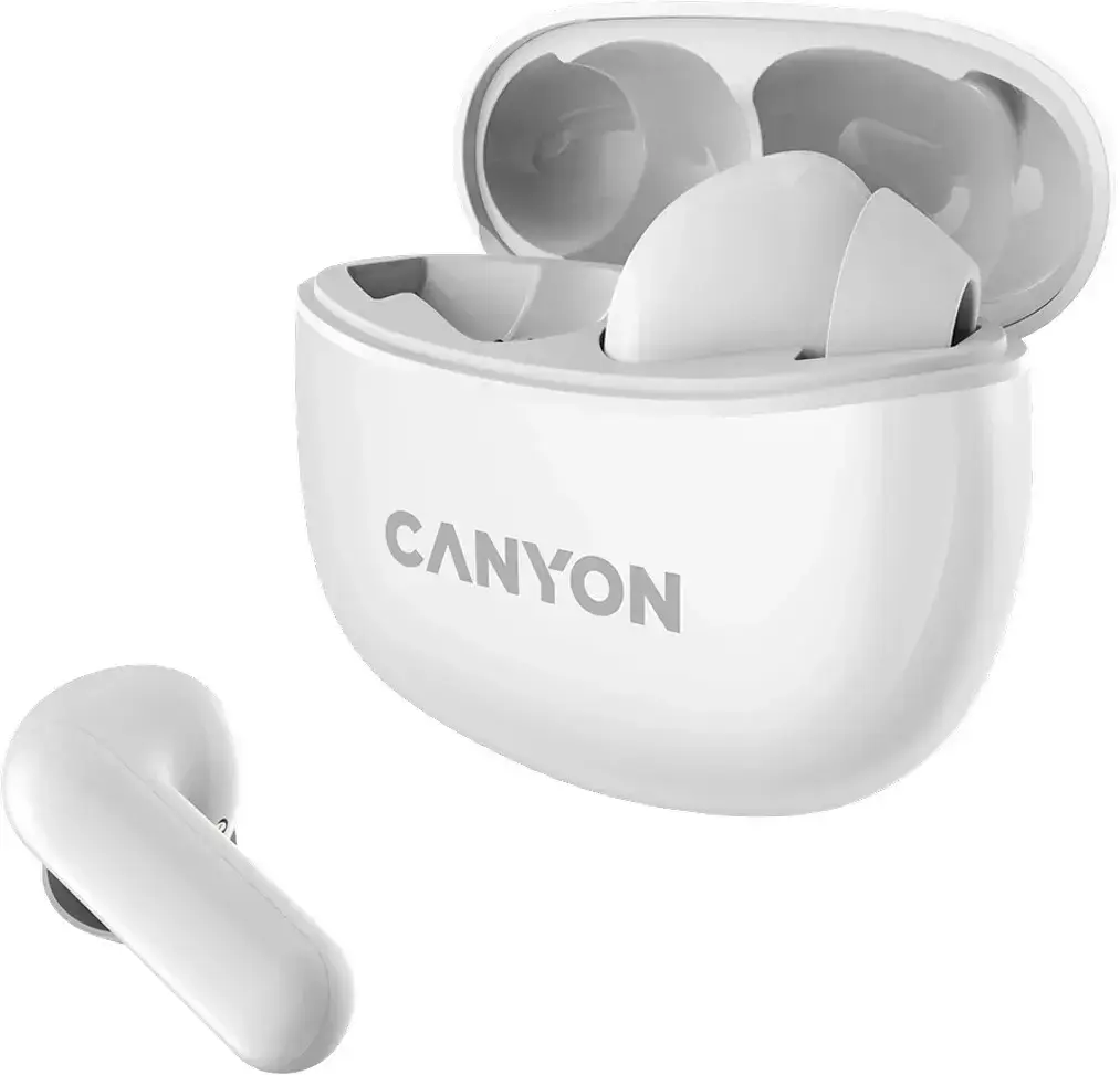 "Canyon" TWS-5 "Bluetooth" ausinės su mikrofonu, BT V5.3 JL 6983D4, dažnių diapazonas: 20Hz-20kHz, baterija "EarBud" 40mAh*2+įkrovimo dėklas 500mAh, C tipo laido ilgis 0,24 m, dydis: 58,5*52,91*25,5 mm, 0,036 kg, baltos spalvos