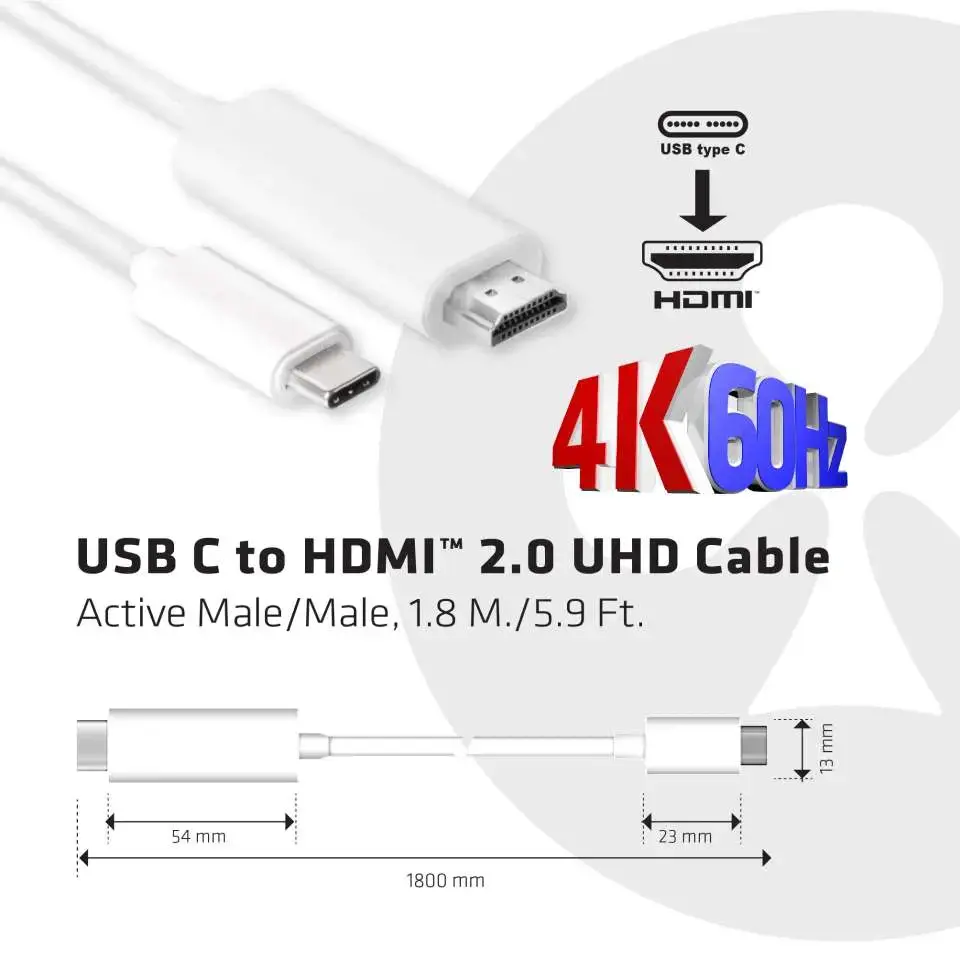 CLUB3D USB C to HDMI™ 2.0 UHD Cable Active 1.8 M./5.9 Ft., USB C, HDMI 2.0, 1.8 m, White