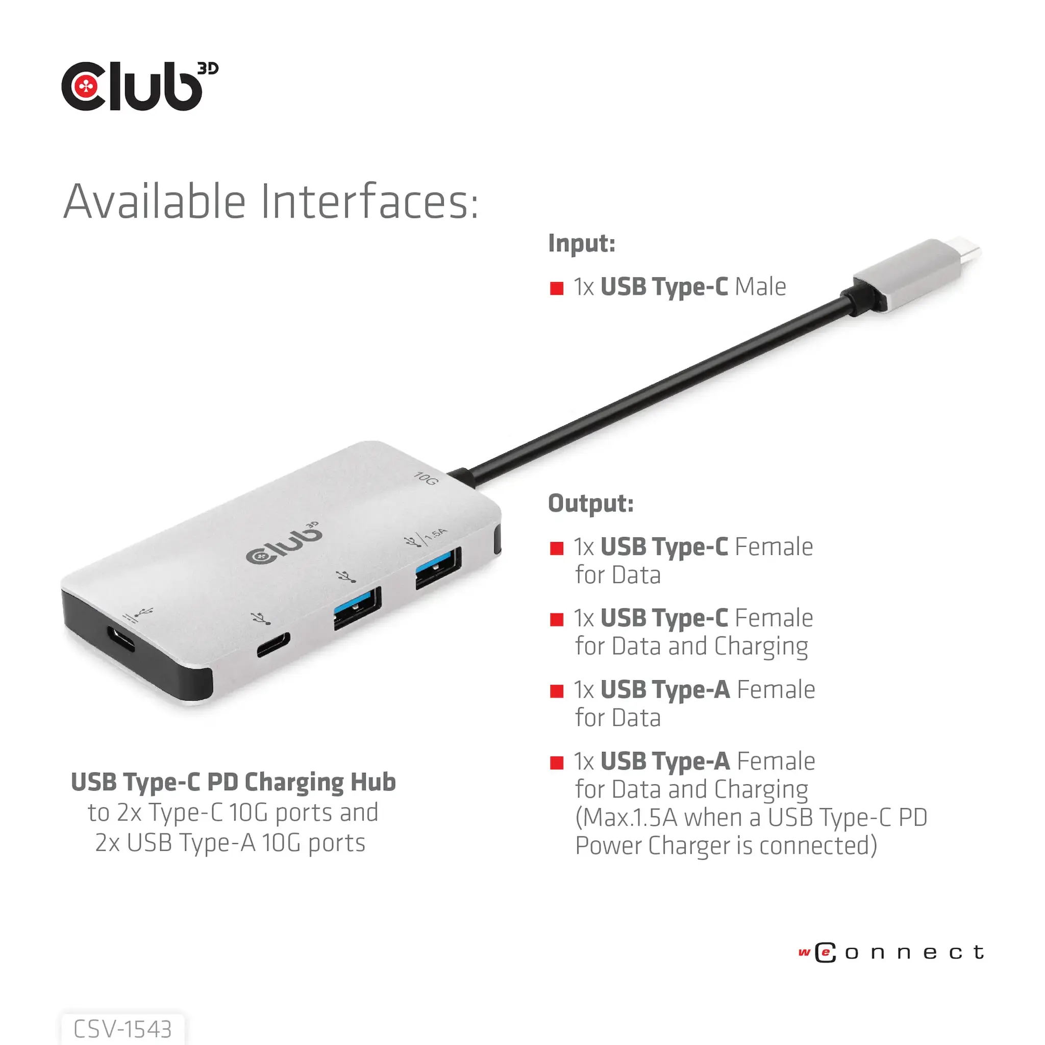 CLUB3D USB Gen2 Type-C PD Charging Hub to 2x Type-C 10G ports and 2x USB Type-A 10G ports, USB 3.2 Gen 2 (3.1 Gen 2) Type-C, USB 3.2 Gen 2 (3.1 Gen 2) Type-A, USB 3.2 Gen 2 (3.1 Gen 2) Type-C, 10000 Mbit/s, Black, Silver, 100 W, Round cable