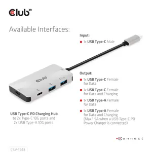 CLUB3D USB Gen2 Type-C PD Charging Hub to 2x Type-C 10G ports and 2x USB Type-A 10G ports, USB 3.2 Gen 2 (3.1 Gen 2) Type-C, USB 3.2 Gen 2 (3.1 Gen 2) Type-A, USB 3.2 Gen 2 (3.1 Gen 2) Type-C, 10000 Mbit/s, Black, Silver, 100 W, Round cable