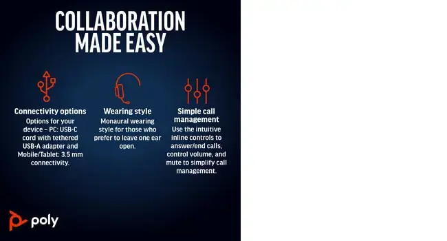 POLY Blackwire 5220 Stereo USB-C Headset +3.5mm Plug +USB-C/A Adapter, Wired, Business/Everyday, 162.5 g, Headset, Black