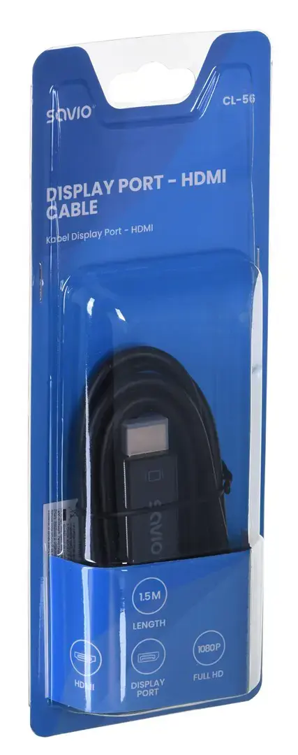 SAVIO kabelis CL-56 (DisplayPort M - HDMI A tipo; 1,5 m; juoda spalva)