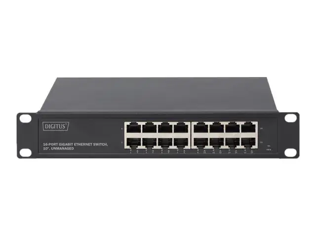 Digitus 16 prievadų Gigabit Ethernet komutatorius DN-80115 10/100/1000 Mbps (RJ-45), nevaldomas, montuojamas į stovą, maitinimo šaltinio tipas Vidinis, Ethernet LAN (RJ-45) prievadai 16