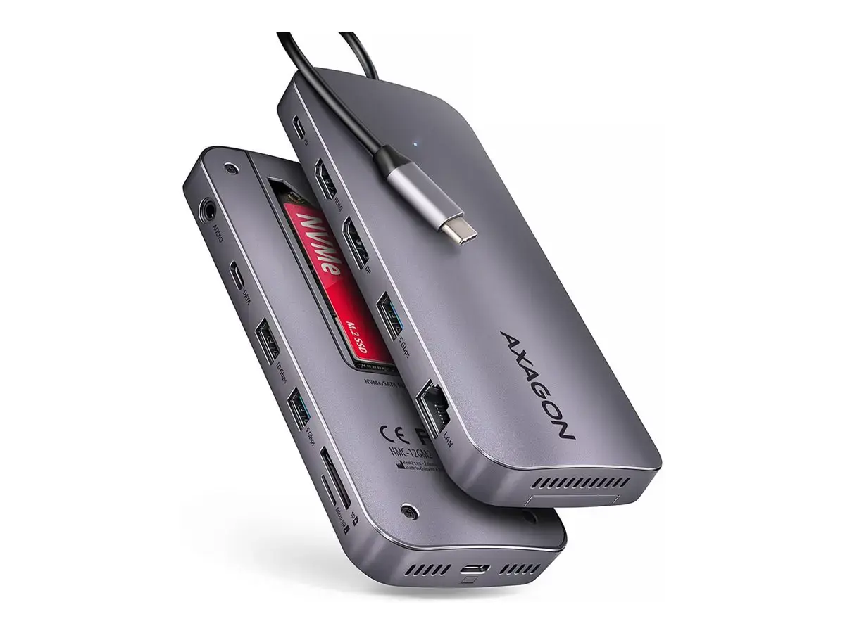 AXAGON Multiport USB-C 10Gbps hub. NVMe/SATA M.2, HDMI and DisplayPort. Cable USB-C 50 cm.