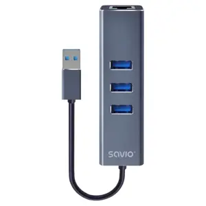USB Centrmezgls Savio 3-port USB-A 3.1 Gen 1 Hub with RJ-45 Gigabit Ethernet