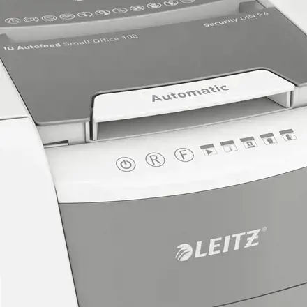 "Leitz IQ Autofeed Small Office 100" automatinis popieriaus smulkintuvas P4, kryžminis smulkinimas, 22 cm, 4 x 30 mm, 34 L, Touch, 8 lapai