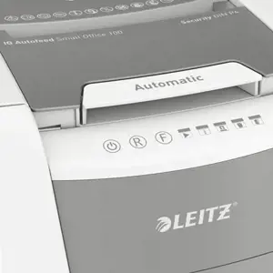 "Leitz IQ Autofeed Small Office 100" automatinis popieriaus smulkintuvas P4, kryžminis smulkinimas, 22 cm, 4 x 30 mm, 34 L, Touch, 8 lapai