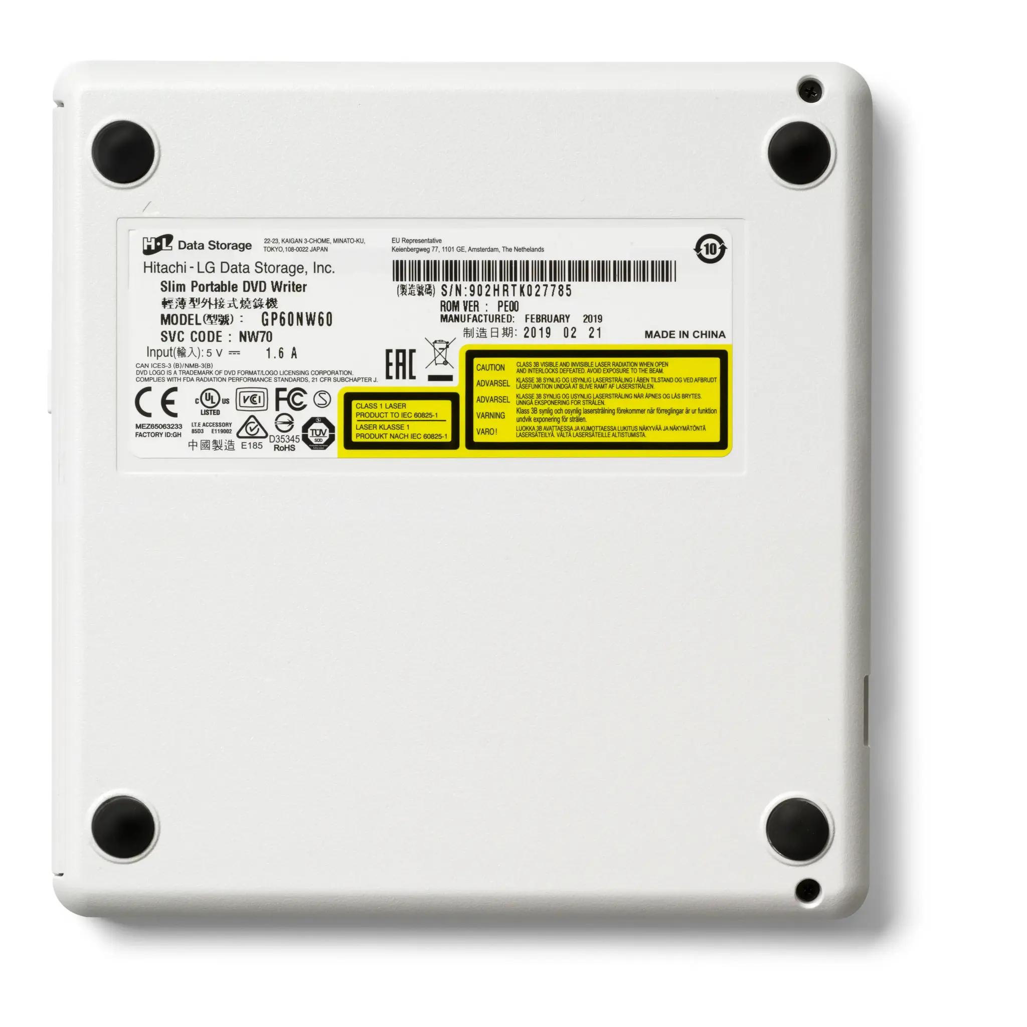 "Hitachi-LG Slim" nešiojamasis DVD įrašymo įrenginys, juodas, dėklas, stalinis/nešiojamasis kompiuteris, DVD±RW, USB 2.0, 60000 h