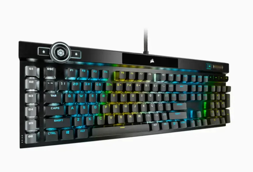 CORSAIR K100 RGB optinė mechaninė žaidimų klaviatūra su RGB LED apšvietimu CORSAIR OPX RAPIDFIRE juoda PBT klaviatūra
