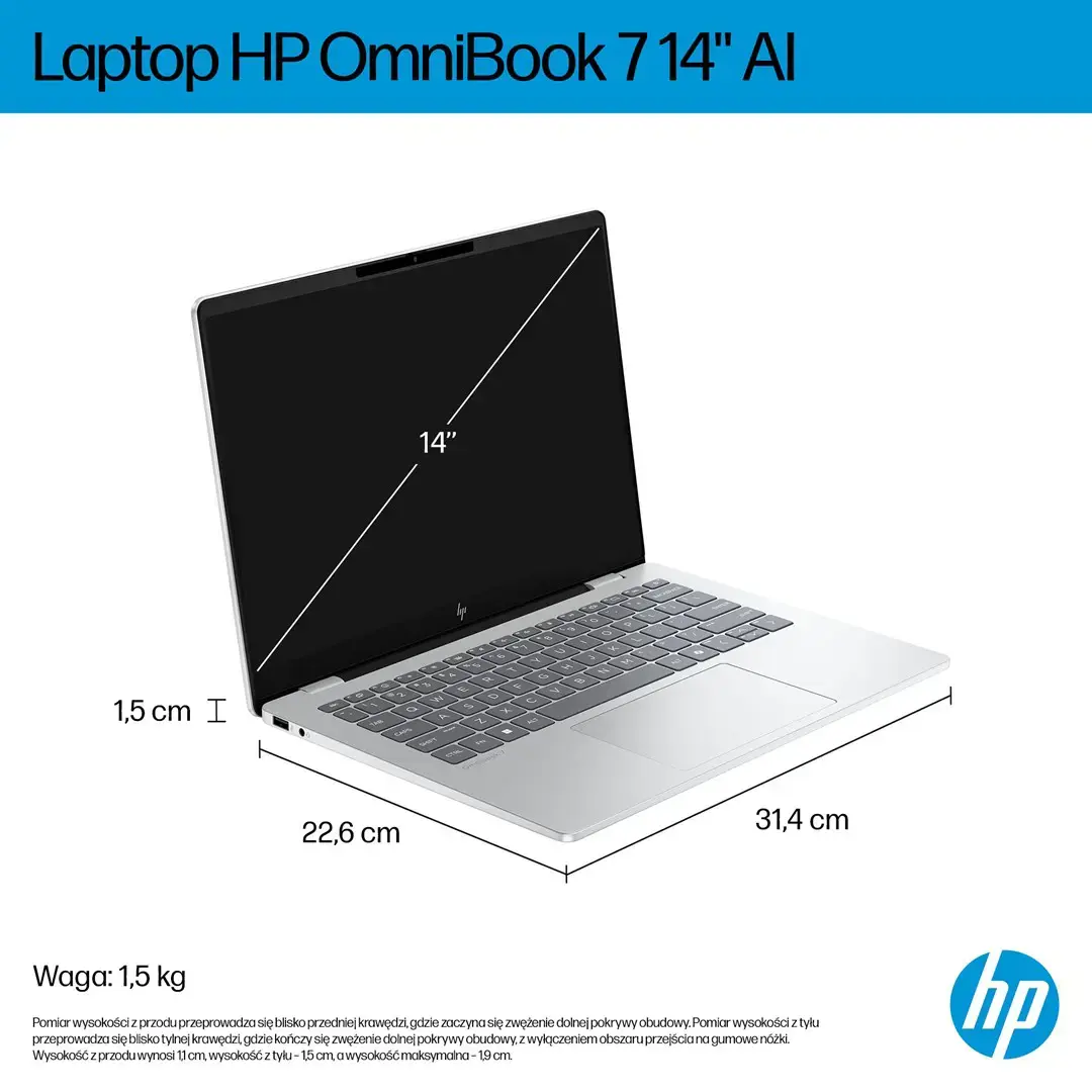 HP OmniBook 7 AI 14-fr0003nw Intel Core Ultra 5 225U Laptop 35.6 cm (14") 2K Display 16 GB LPDDR5 SDRAM 512 GB SSD Wi-Fi 6E (802.11ax) Windows 11 Pro AI PC Silver