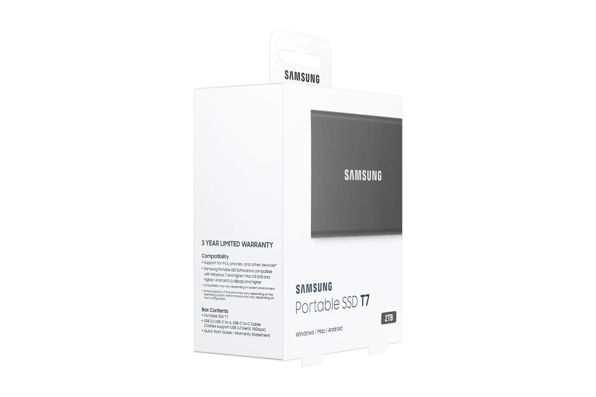 "Samsung" nešiojamasis SSD diskas T7, 2000 GB, C tipo USB, 3.2 Gen 2 (3.1 Gen 2), 1050 MB/s, apsauga nuo slaptažodžio, pilkas