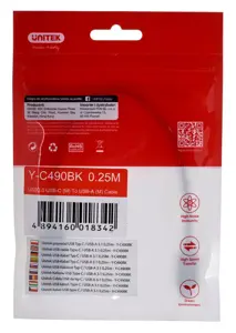 UNITEK KABELIS USB-A - USB-C 3.1. 0,25 m Y-C490BK