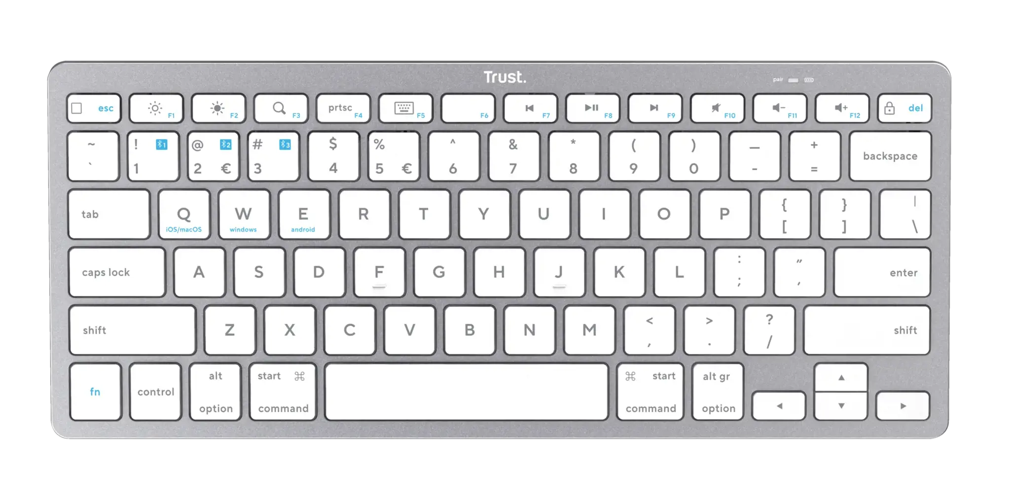 Trust 24651, 75%, Wireless, Bluetooth, Scissor key switch, QWERTY, Silver