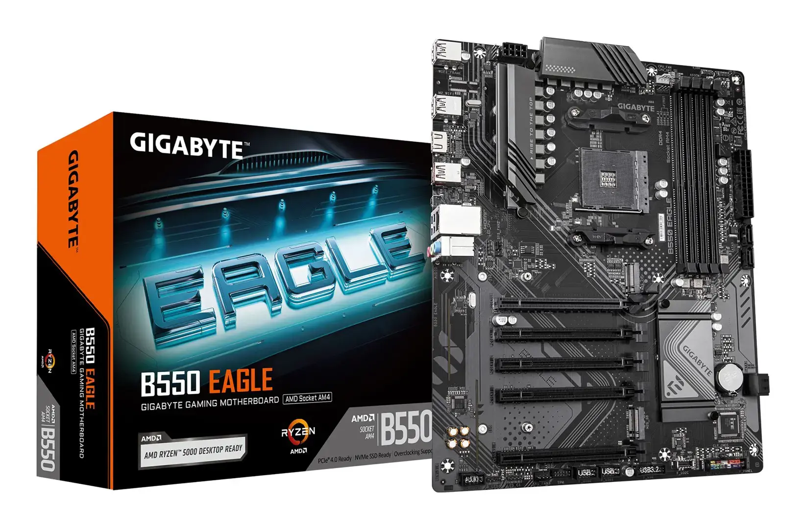 Mainboard GIGABYTE AMD B550 SAM4 ATX Memory DDR4 Memory slots 4 4xPCI-Express 3.0 1x 1xPCI-Express 4.0 16x 2xM.2 1xHDMI 4xUSB 2.0 1xUSB 3.2 type B 2xUSB 3.2 1xUSB-C 1xRJ45 3xAudio port B550EAGLE1.0