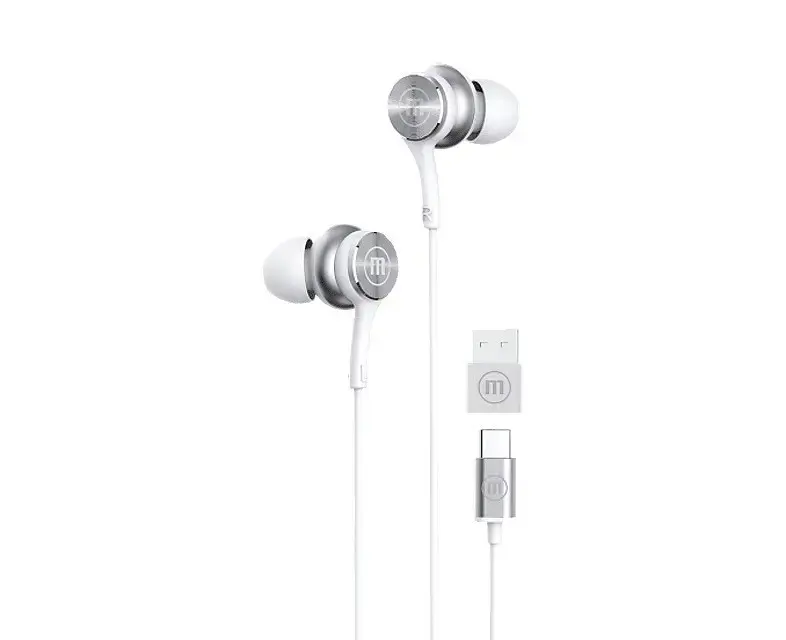 "Maxell XC1" USB-C laidinės ausinės su USB-A adapteriu, baltos spalvos
